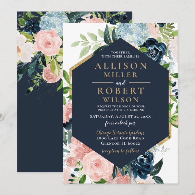 Rustic Watercolor Navy Blush Gold Floral Wedding Invitation (Front/Back)