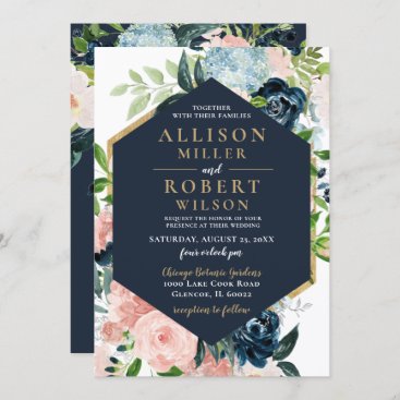 Rustic Watercolor Navy Blush Gold Floral Wedding Invitation