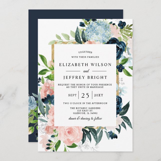Rustic Watercolor Navy Blush Gold Floral Wedding Invitation (Front/Back)