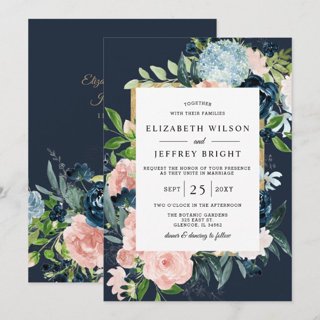 Rustic Watercolor Navy Blush Gold Floral Wedding  Invitation (Front/Back)