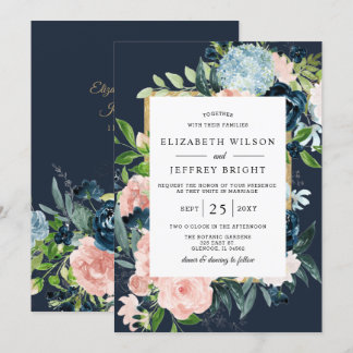 Rustic Watercolor Navy Blush Gold Floral Wedding Invitation