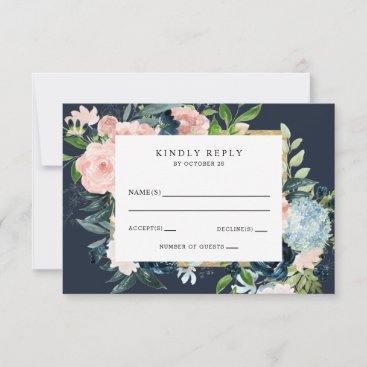 Rustic Watercolor Navy Blush Gold Floral Wedding R RSVP Card