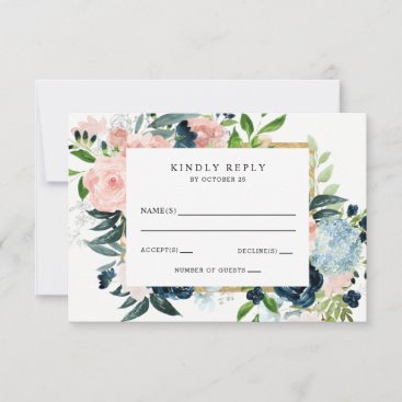Rustic Watercolor Navy Blush Gold Floral Wedding RSVP Card
