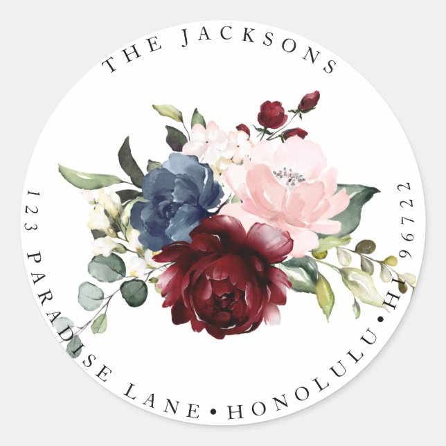 Rustic Watercolor Navy Burgundy Blush Roses Classic Round Sticker (Front)