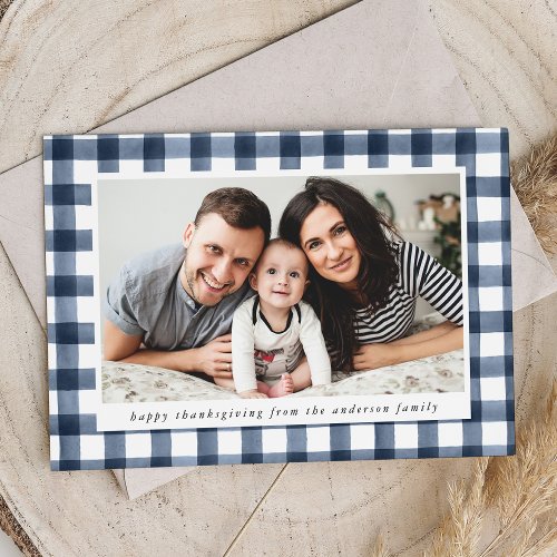 Rustic Watercolor Navy Plaid Photo Thanksgiving Holiday Card