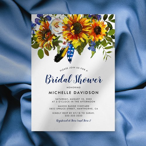 Rustic Watercolor Navy Sunflower Bridal Shower Invitation