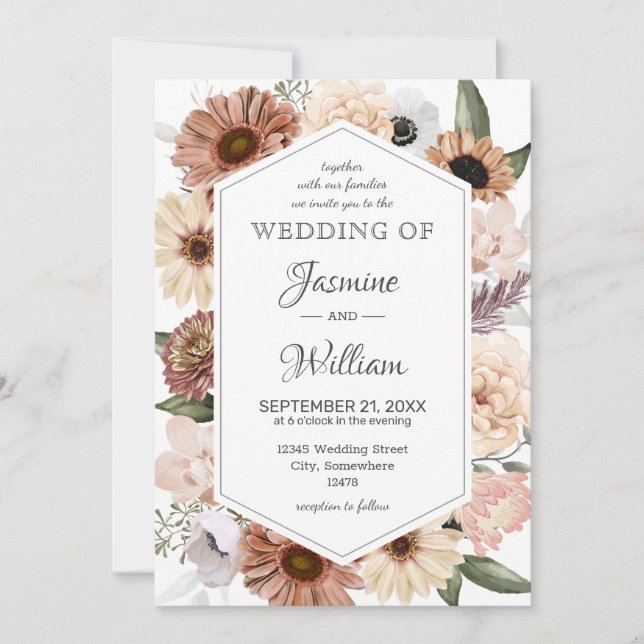 Rustic Watercolor Neutral Boho Floral Wedding Invi Invitation (Front)
