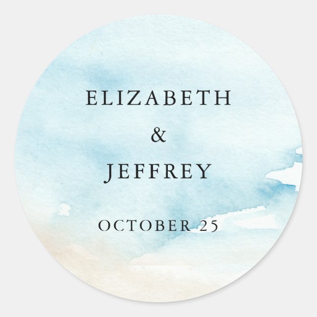 Rustic Watercolor Ocean Sea Summer Beach Wedding Classic Round Sticker (Front)