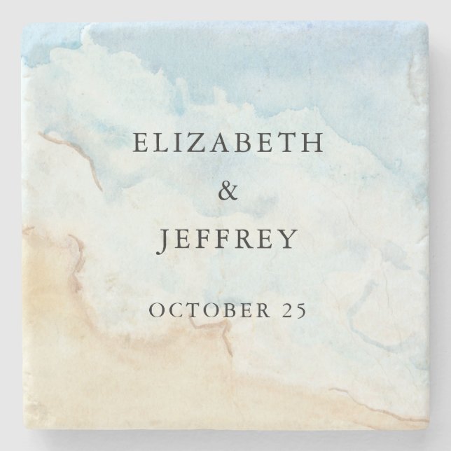 Rustic Watercolor Ocean Sea Summer Beach Wedding Stone Coaster (Front)