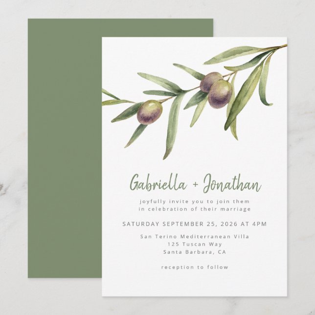 Rustic Watercolor Olive Branch Green Wedding Invitation (Front/Back)