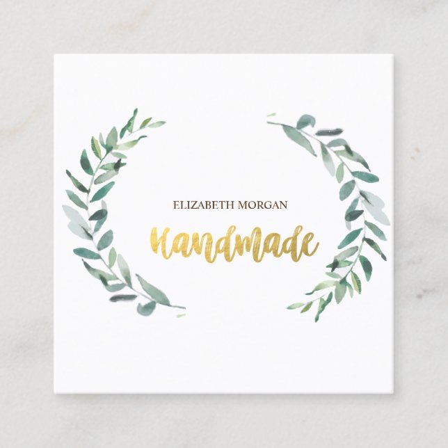 Rustic, Watercolor Olive Branch,Handmade Square Business Card (Front)
