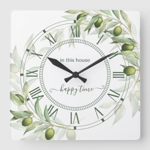 Rustic Watercolor Olive Branches Acrylic Square Wa Square Wall Clock