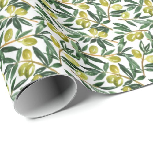Rustic Watercolor Olive Branches Greenery Pattern Wrapping Paper