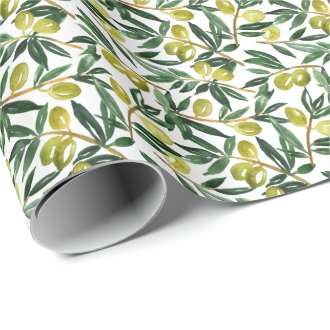Rustic Watercolor Olive Branches Greenery Pattern Wrapping Paper (Roll Corner)