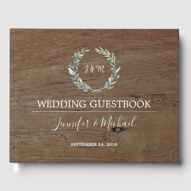 Rustic Watercolor olive leaves dark wood Wedding Guest Book (Front)