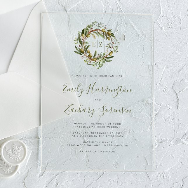 Rustic Watercolor Olive Wreath Wedding Acrylic Invitations (Creator Uploaded)