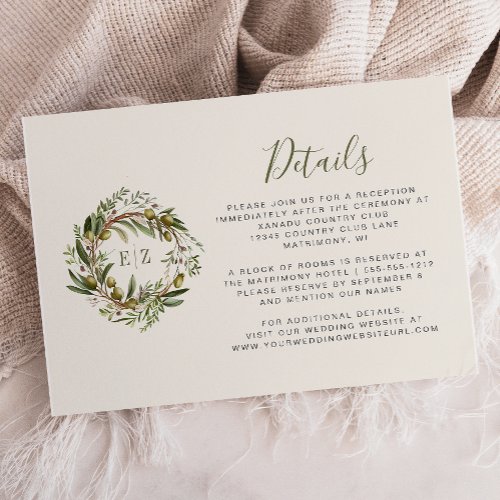 Rustic Watercolor Olive Wreath Wedding Details Enclosure Card