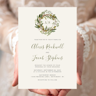 Rustic Watercolor Olive Wreath Wedding Invitation