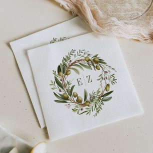 Rustic Watercolor Olive Wreath Wedding Napkins