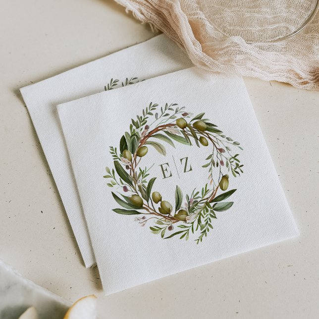 Rustic Watercolor Olive Wreath Wedding Napkins (Creator Uploaded)