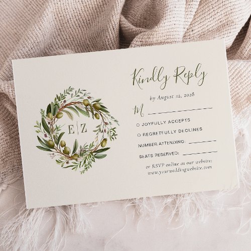 Rustic Watercolor Olive Wreath Wedding RSVP Card