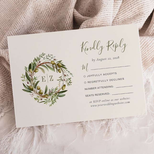 Rustic Watercolor Olive Wreath Wedding RSVP Card (Creator Uploaded)