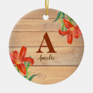 Rustic Watercolor Orange Lily Floral Monogram Ceramic Ornament