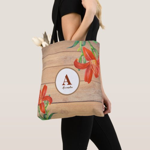 Rustic Watercolor Orange Lily Floral Monogram Tote Bag