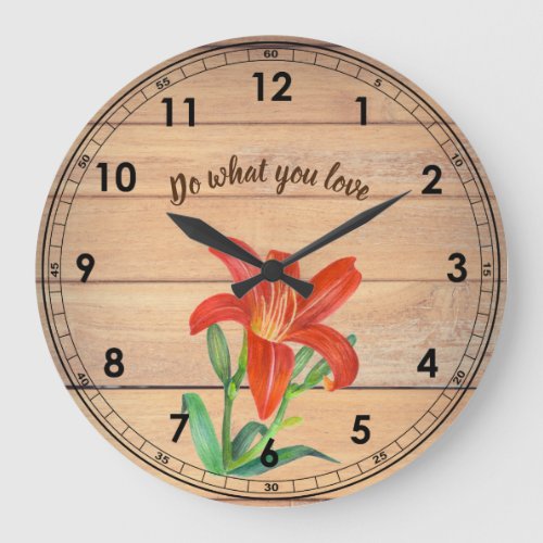Rustic Watercolor Orange Lily Illustration Large Clock