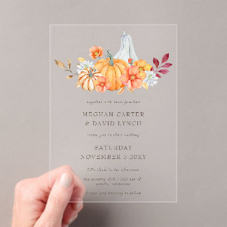 Rustic Watercolor Orange Pumpkins Fall Wedding Acrylic Invitations