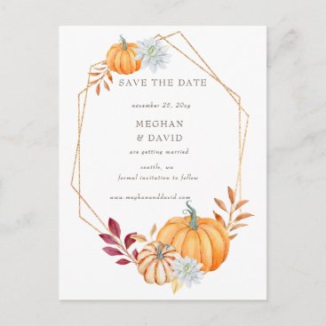 Rustic Watercolor Orange Pumpkins Fall Wedding Announcement Postcard
