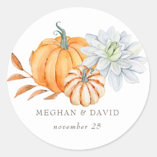 Rustic Watercolor Orange Pumpkins Fall Wedding Classic Round Sticker