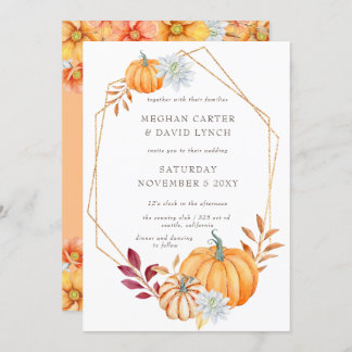Rustic Watercolor Orange Pumpkins Fall Wedding Invitation