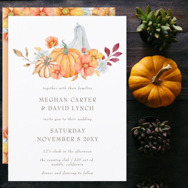 Rustic Watercolor Orange Pumpkins Fall Wedding Invitation (Creator Uploaded)