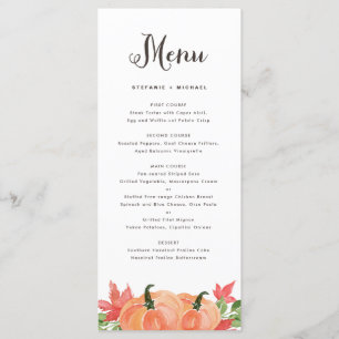 Rustic Watercolor Orange Pumpkins Fall Wedding Menu