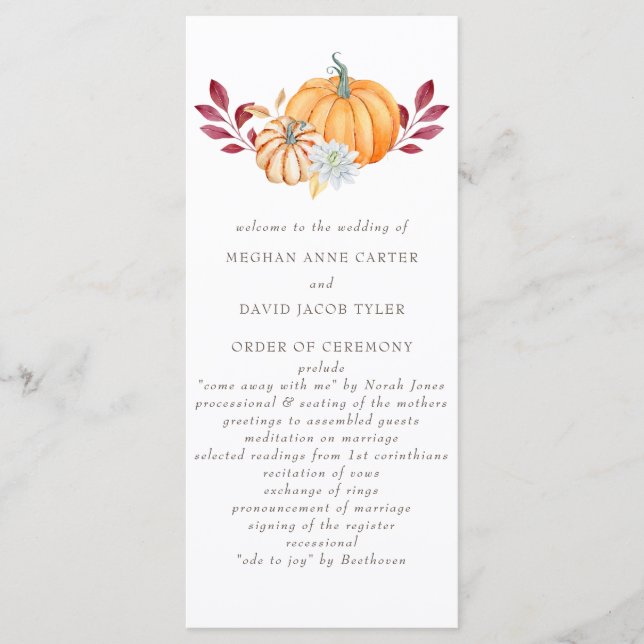 Rustic Watercolor Orange Pumpkins Fall Wedding Program (Front)
