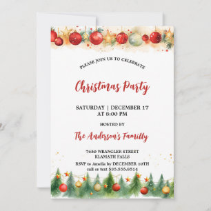Rustic Watercolor Ornaments & Pine Christmas Party Invitation