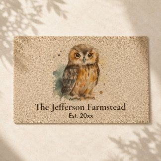 Rustic Watercolor Owl Country Farmstead Fiber Doormat