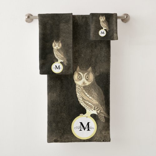 Rustic Watercolor Owl Monogram Name Brown Bath Towel Set