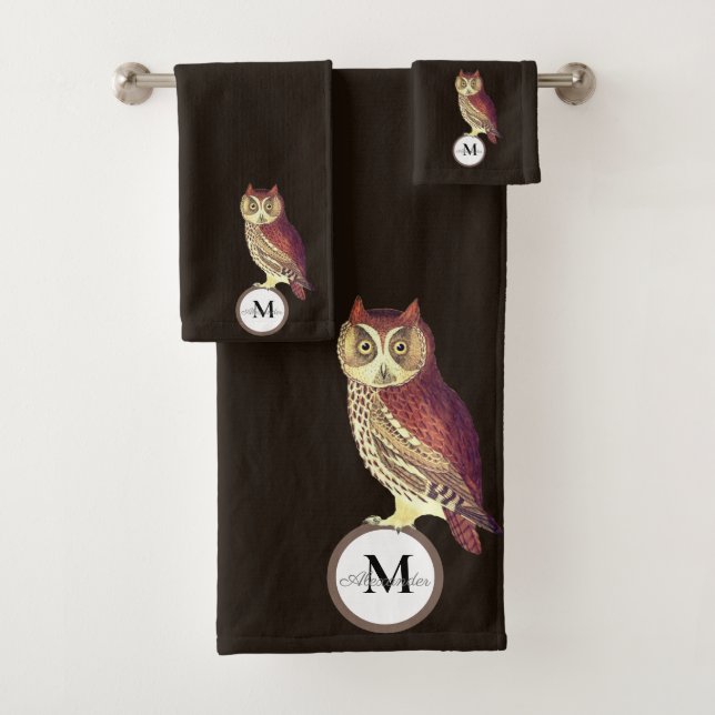 Rustic Watercolor Owl Monogram Name Brown Bath Towel Set (Insitu)