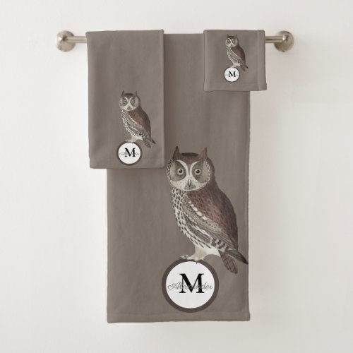Rustic Watercolor Owl Monogram Name BrownGray Bath Towel Set