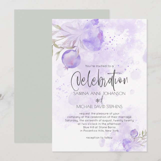 Rustic Watercolor Pale Purple Rose and Rose Hip Invitation (Front/Back)