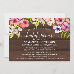 Rustic Watercolor Pansies Barn Wood Bridal Shower Invitation