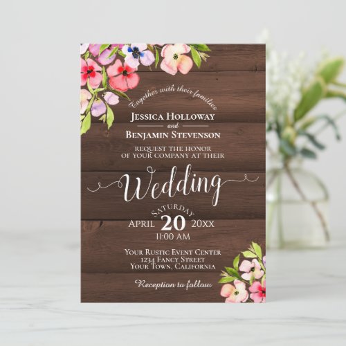 Rustic Watercolor Pansies on Barn Wood Wedding Invitation