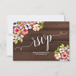 Rustic Watercolor Pansies on Barn Wood Wedding RSVP Card