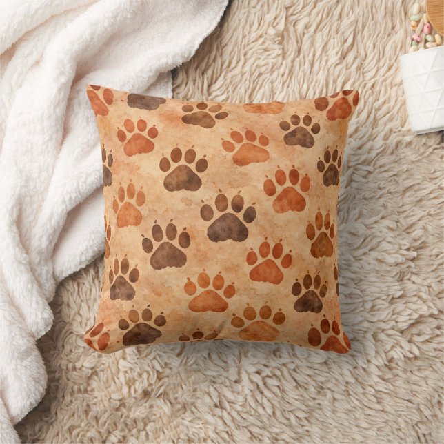 Rustic Watercolor Paw Print Pattern (1) Throw Pillow (Blanket)