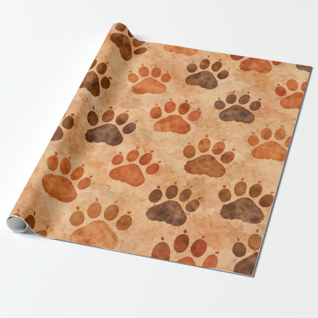 Rustic Watercolor Paw Print Pattern (1) Wrapping Paper (Unrolled)