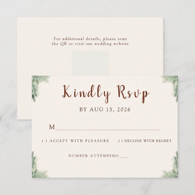 Rustic Watercolor Peach and Green Minimal Wedding RSVP Card (Front/Back)