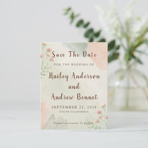 Rustic Watercolor Peach and Green Wedding Save The Date