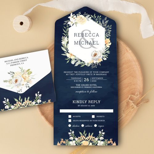 Rustic Watercolor Peach Floral Navy Blue Wedding All In One Invitation